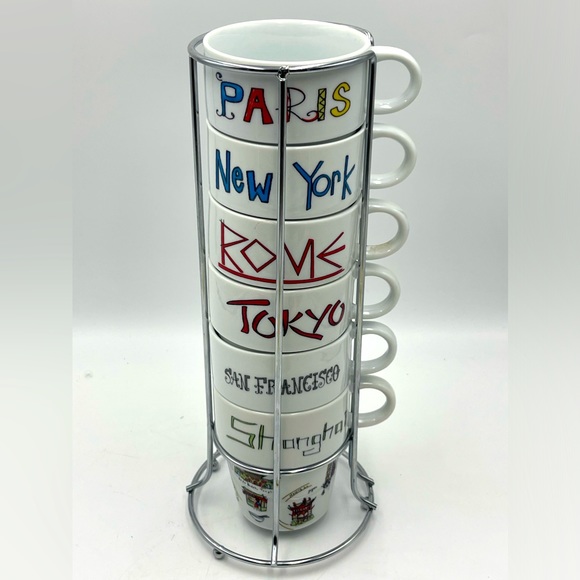 7pc World Market Stackable Mugs New York Rome Tokyo Paris Shanghai San Francisco - Picture 4 of 16